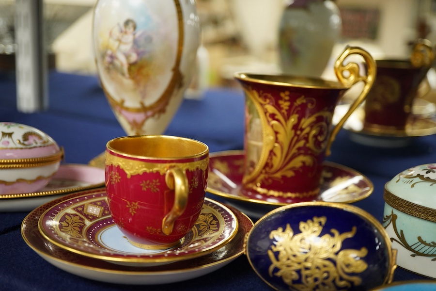A collection of porcelain to include a Vienna cabinet cup and saucer, continental ormolu mounted urn, Limoges Bonbonniere and stand etc. tallest 20cm